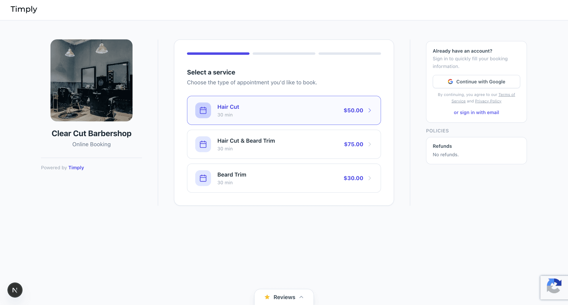 Step 1 – Customer selects a service from the booking page